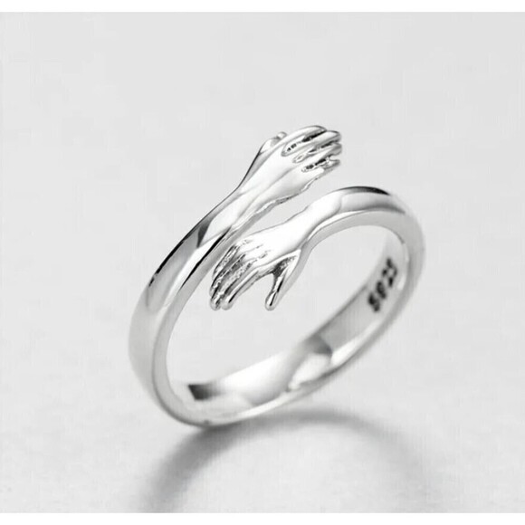 Hug Ring Silver Tone Adjustable Hands Arms - Picture 1 of 6